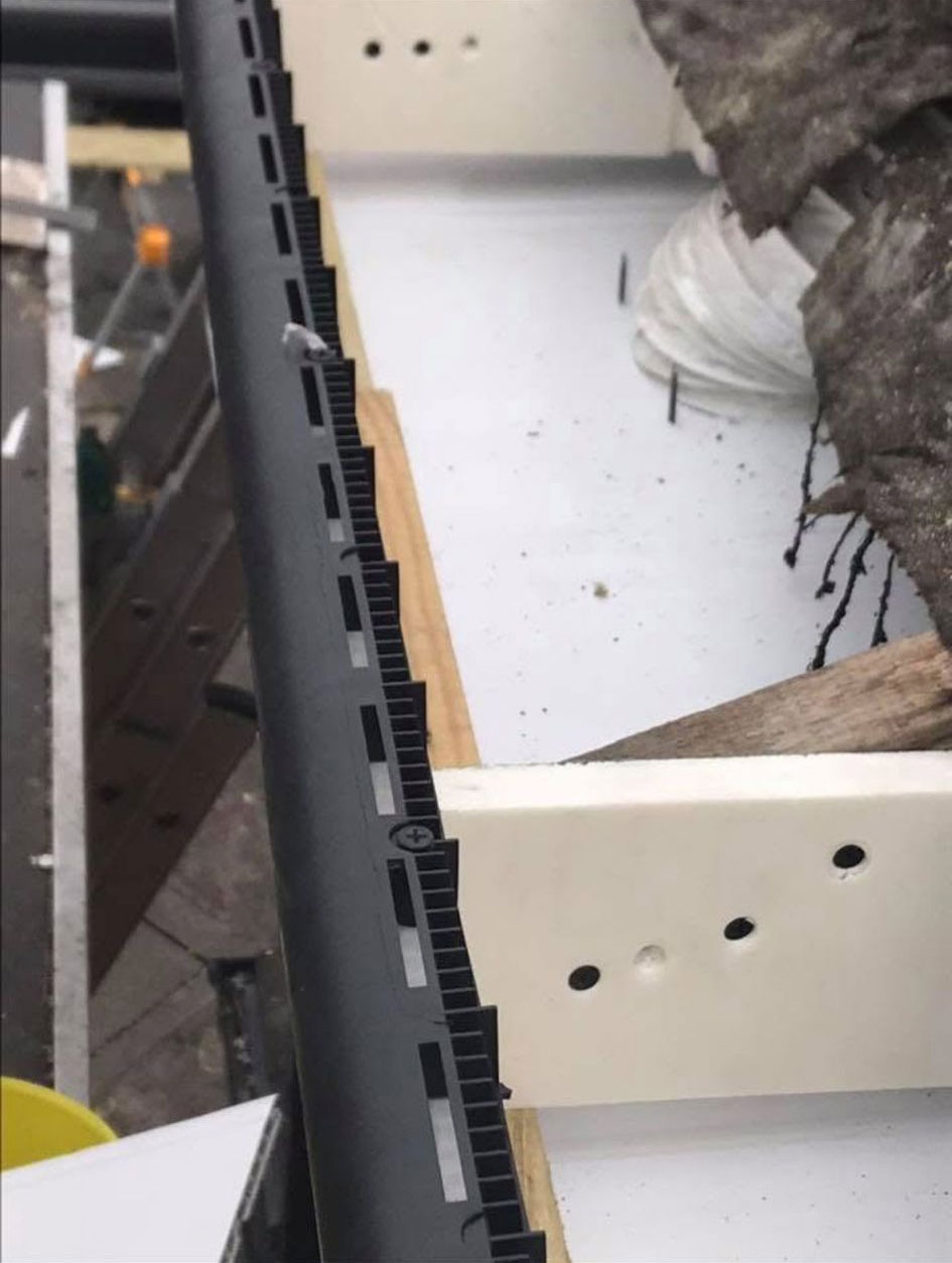 Eave ventilation system installed. New soffit and fascia fixings, ready for roof felt and eaves protection tray to be installed.