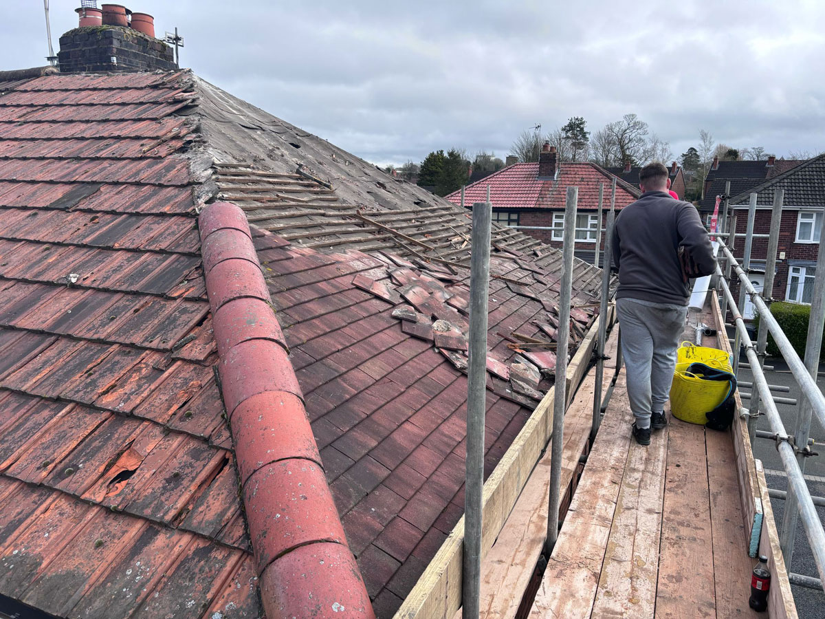 Damaged roof tiles to home in crewe. Water damage, bird damage and failing roofing felt.